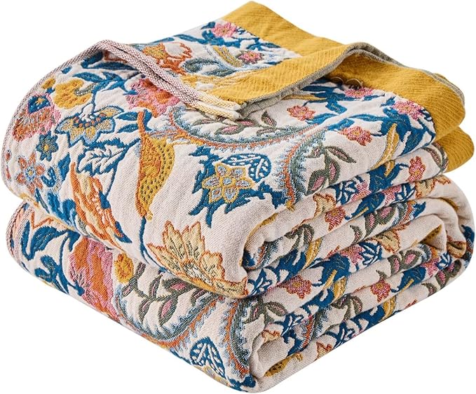 Boho Throw Blanket for Bed Couch 100% Cotton Woven Bed Throws for Summer, Lightweight and Soft Cozy Farmhouse Reversible Muslin Decorative Blanket for Travel Picnic, Teal/Cream, 80"x90"