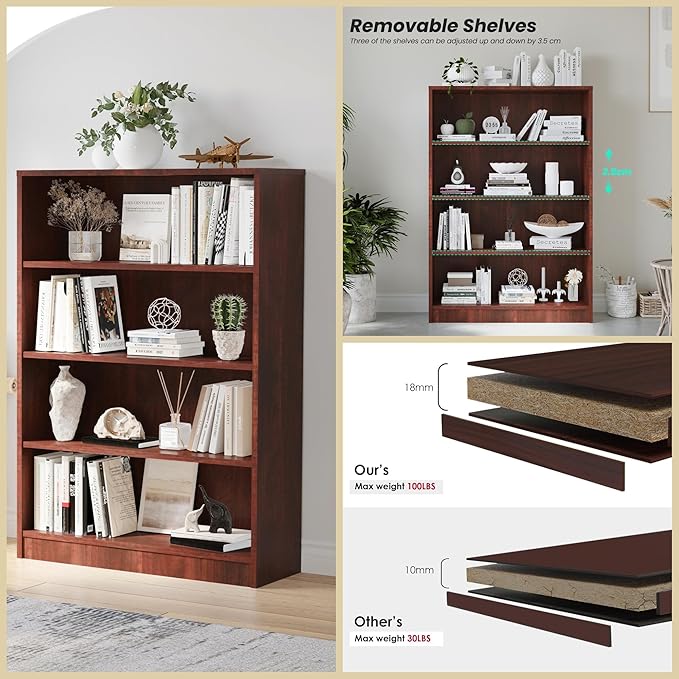 Bookshelf, Open Modern Bookshelf, 4 Shelf Bookcase with Freestanding Display Storage, Wooden Book Shelf for Bedroom, Living Room, Dinning Room, Office, 48 Inch, Brown