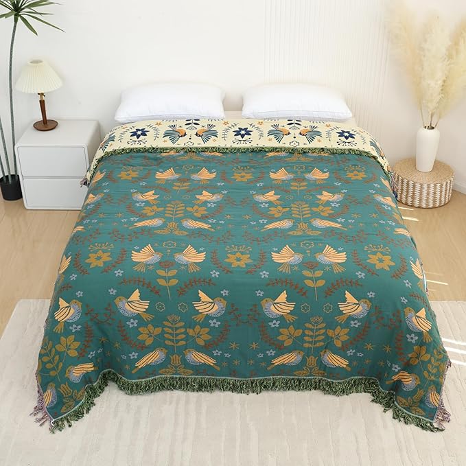 Boho Throw Blanket for Bed - 100% Pure Cotton Ultra Soft Rustic Quilt - Farmhouse Decor Bed Blankets, All Season Rustic Throw for Sofa Couch Chair(60"×80", Bird A)