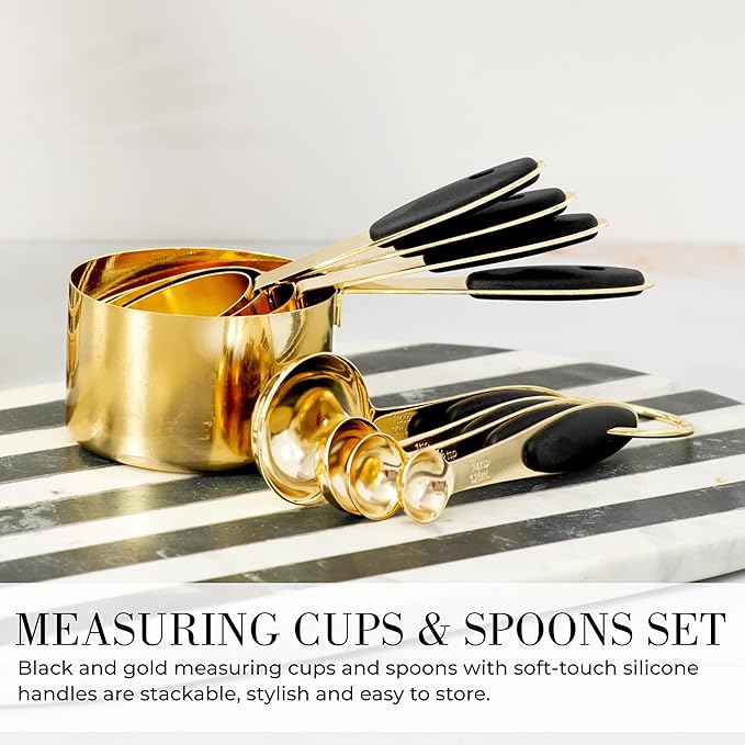 Black and Gold Kitchen Utensils Set - 23-Piece Luxury Kitchen Accessories Includes Gold Measuring Cups, Spoons, Silicone Cooking Utensils and Tools for Baking, Cooking, and Stylish Kitchen Decor