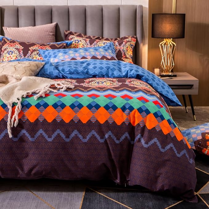 ABREEZE Bohemian Duvet Cover Set Colorful Brown Boho Retro Bedding Set Damask Paisley Cotton Duvet Cover Tribal Reversible Bedding Exotic Style Comforter Cover 3-Piece Queen