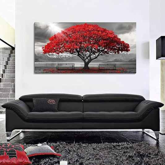 AJAZIKO Red Wall Art - Modern Framed Wall Art for Living Room - Red Tree Black and White Landscape Canvas Prints Posters & Prints for Home Office Bedroom Decorations - Large Wall Pictures 24×48IN