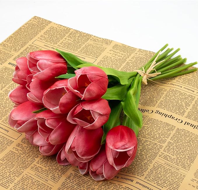 Buart Artificial Tulip in Bulk for Home Kitchen Wedding Bridal Bouquet,Fake Flowers for Mother's Day Easter Table Centerpieces Decorations(Large Size,Hot Pink,Real-Touch,12pcs)