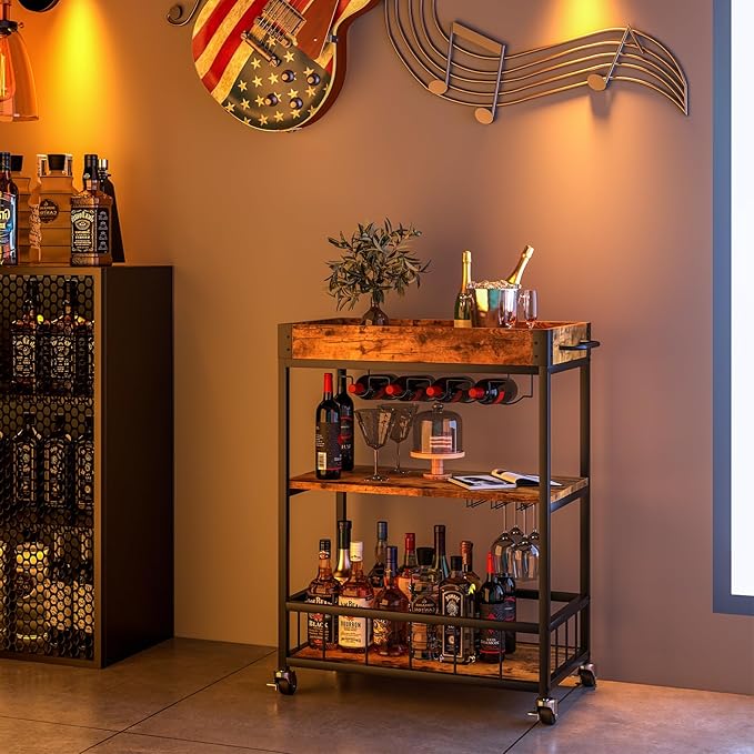 Bar Cart Serving Wine 3 Tier Home Rolling Rack with Wheels Mobile Kitchen Industrial Vintage Style Wood Metal Serving Trolley Serving Cart,Glass Holder Bar Cabinet