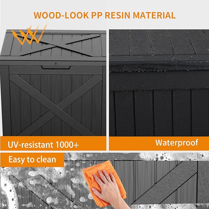 32 Gallon Deck Box Large Outdoor Storage for Patio Furniture,Outdoor Cushions,Garden Tools and Pool Supplies,Waterproof,Resin,Lockable(Black)