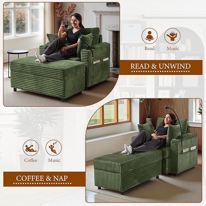 Accent Chair with Storage Ottoman Upholstered Living Room Chairs for Reading Chair with Chaise Lounge Chairs Indoor, Comfortable Armchair for Bedroom