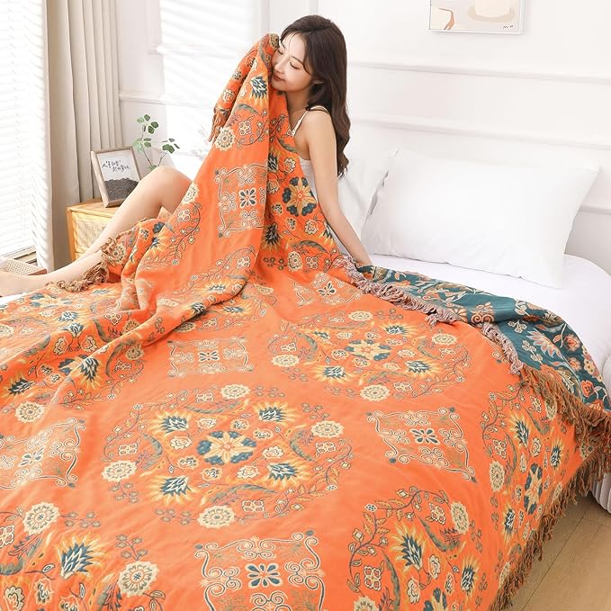 Boho Throw Blanket for Bed - 100% Pure Cotton Ultra Soft Rustic Quilt - Farmhouse Decor Bed Blankets, All Season Rustic Throw for Sofa Couch Chair(91''x 98'', Boho)