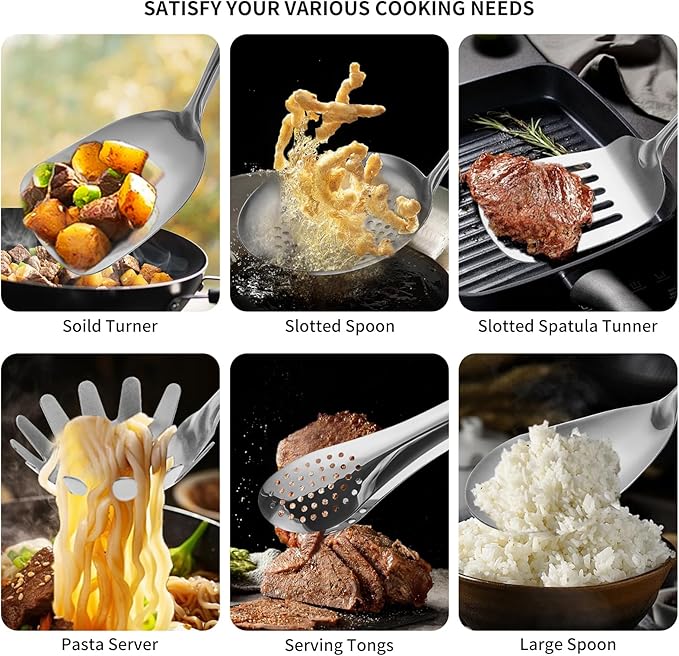 304 Stainlss Steel Kitchen Utensils Set, 12 Pcs Long Metal Cooking Utensil Gadgets Tools Set with Spatula, Ladle, Spoon, Ladle, Skimmer, Tunner, Pasta Server, Tongs(Silver, Dishwasher Safe)