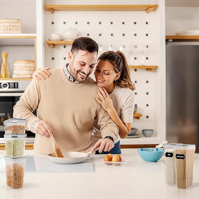 Airtight Food Storage Containers Set - 14 Piece Pantry Kitchen Organizers and Storage Set with Lids, Cabinet Organizing Canisters for Cereal, Flour, Sugar, Dry Foods - with Labels and Marker