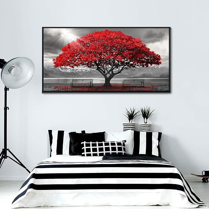 AJAZIKO Red Wall Art - Modern Framed Wall Art for Living Room - Red Tree Black and White Landscape Canvas Prints Posters & Prints for Home Office Bedroom Decorations - Large Wall Pictures 24×48IN
