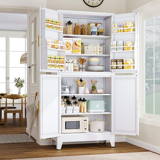 74.8" Tall Metal Food Cabinet, White Kitchen Pantry Cabinet, Storage Cabinets with 4 Door and 4 Adjustable Shelves, Steel Freestanding Cupboard for Kitchen Dining Room Living Room Bathroom