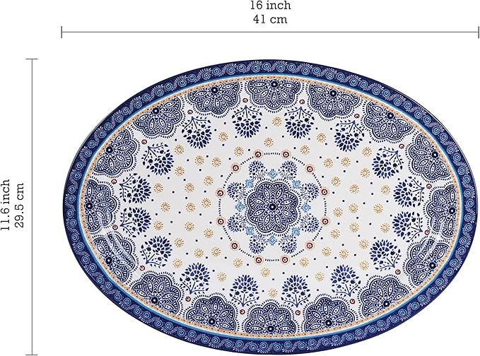 Bico Blue Talavera 16 plus 14 inch Oval Platters Set, Set of 2, Microwave and Dishwasher Safe, for Serving Fish, Chicken, Turkey