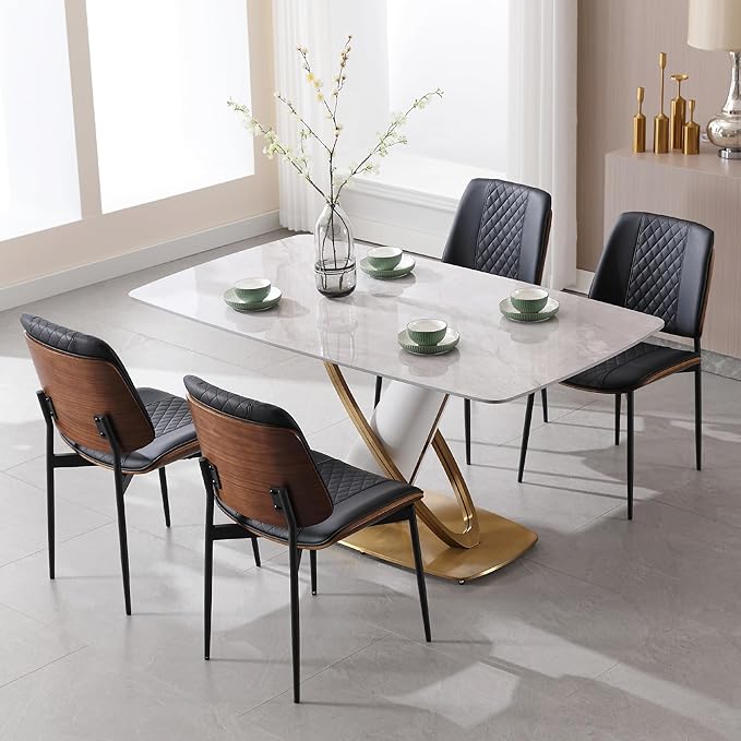 BV Dining Chairs Set of 2, PU Leather Armless Kitchen Chair in Modern Walnut Style, Mid Century Bentwood Side Chair with Metal Legs, Retro Accent Guest Chair for Kitchen Dining Room(Black)