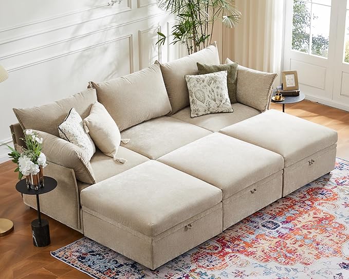 134.6" Oversized Modular Sectional Sofa, 6 Seater U Shaped Couch with Storage Ottoman with Reversible Chaise Deep Seat for Living Room, Apartment - Chenille Beige