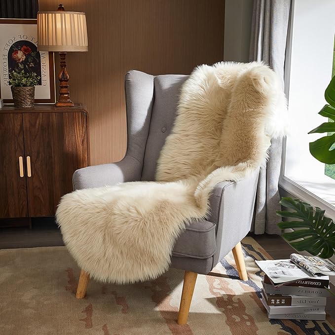 AMTOVO Faux Sheepskin Rug, Beige Ultra Soft Fluffy Shag Area Rug, 2 x 6 ft Faux Fur Rug for Bedroom Sofa Throw Cushion Room Decor, Sheepskin
