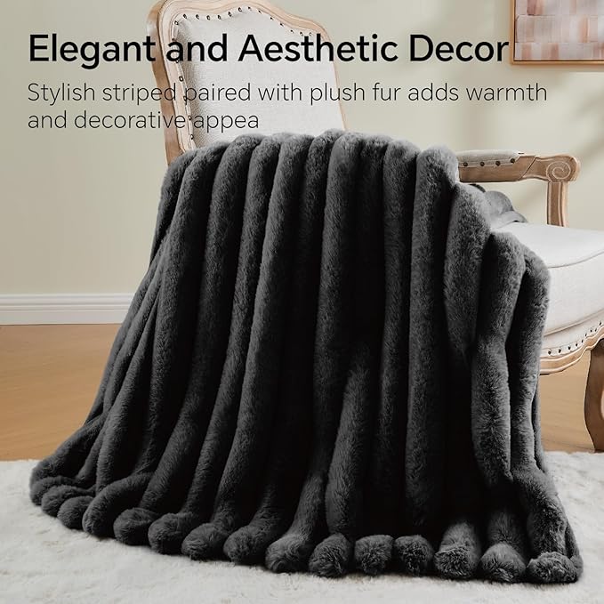 BEDELITE Faux Fur Throw Blanket for Couch, Soft and Cozy Luxurious 3D Striped Fluffy Blanket, 770GSM Thick Warm Plush Fuzzy Faux Rabbit Fur Blanket for Women Gift (Black, 50"x 60")