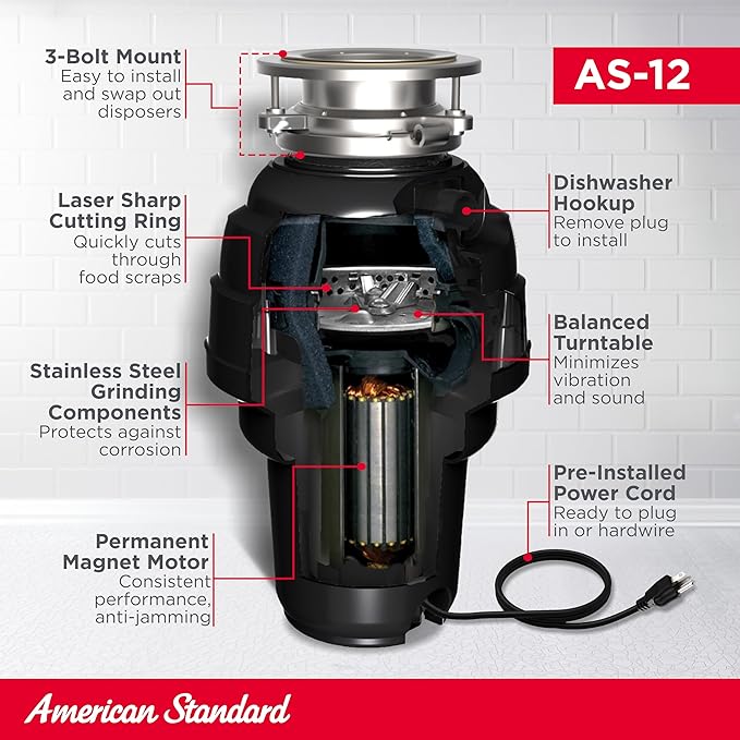 American Standard 10-US-AS-12 Garbage Disposal Anti-Jam Stainless Steel Food Waste Grinding System, Heavy Duty, 1.25 HP, Black