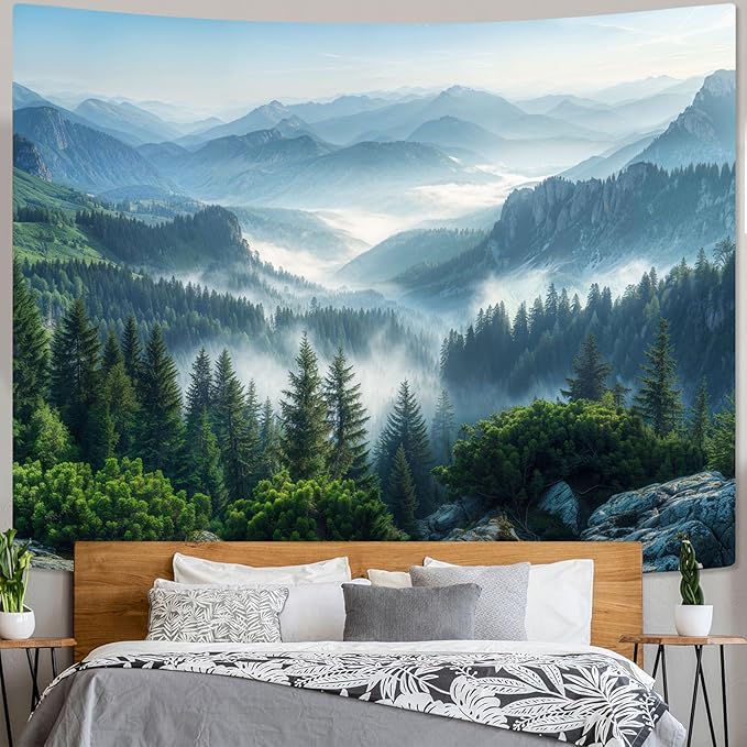 AMM Nature Forest Mountain Tapestry Green Misty Pine Tree Tapestry for Bedroom Aesthetic Foggy Woodlands Sky Landscape Tapestries Wall Hanging for Living Room Dorm 90 x 68 Inch