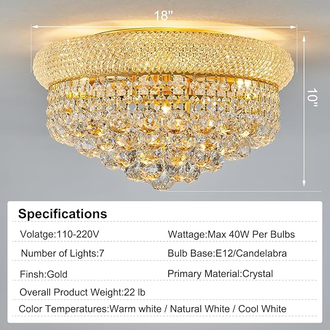 7-Light Crystal Flush Mount Chandelier Ceiling Light Fixture for Living Room Dining Room Bedroom Foyer Entryway Hallway Closet Bathroom (Gold D18)