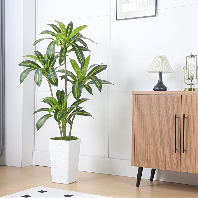 Artificial Dracaena Tree Artificial Silk Tree Faux Tree Fake Tropical Yucca Floor Plant with White Tall Planter (1, White Tall Planter, 5FT)