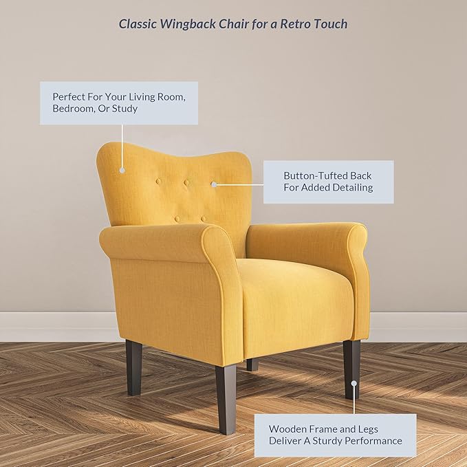 BELLEZE Modern Accent Chair, High Back Armchair, Upholstered Wingback Side Chair, Padded Single Sofa with Wooden Legs for Living Room, Bedroom - Citrine Yellow