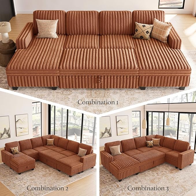 Belffin Plush Corduroy Modular Sectional Sofa with Pull Out Bed Convertible Small Sectional Corner Couch for Living Room Brick Red Couch