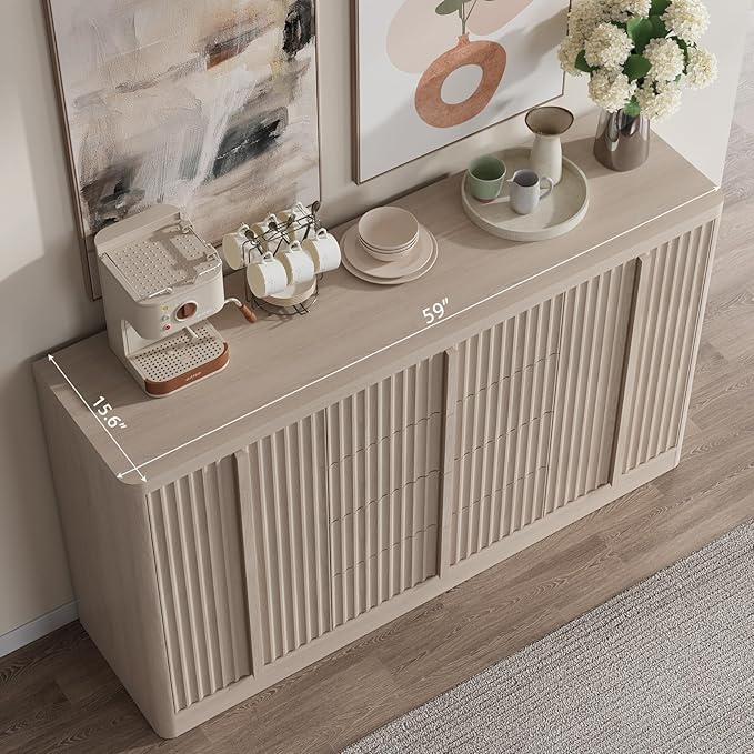 Buffet Cabinet with Storage, 120"Fluted Coffee Bar with 8 Drawers & 4 Doors, Modern Sideboard Buffet with Solid Wood Handle, Credenza Storage Cabinet for Kitchen Living Dining Room, Natural Oak(2PCS)