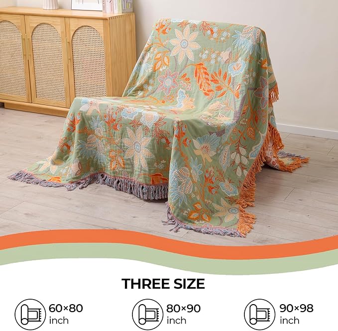 Boho Fall Throw Blanket for Bed，100% Ultra Cotton Soft Breathable Bed Throw Floral Printed Farmhouse Decor Rustic Bed Throws for Couch Sofa Quilt 60" x 80"-Orange& Sage Green