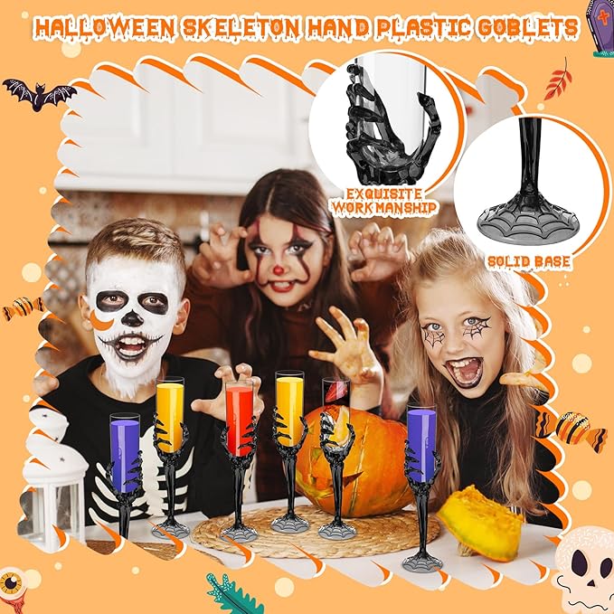 Bokon 48 Pcs Halloween Champagne Flutes Bulk Plastic Stemware Halloween Skeleton Hand Plastic Goblets Creepy Champagne Flute for Party Decoration(Black)