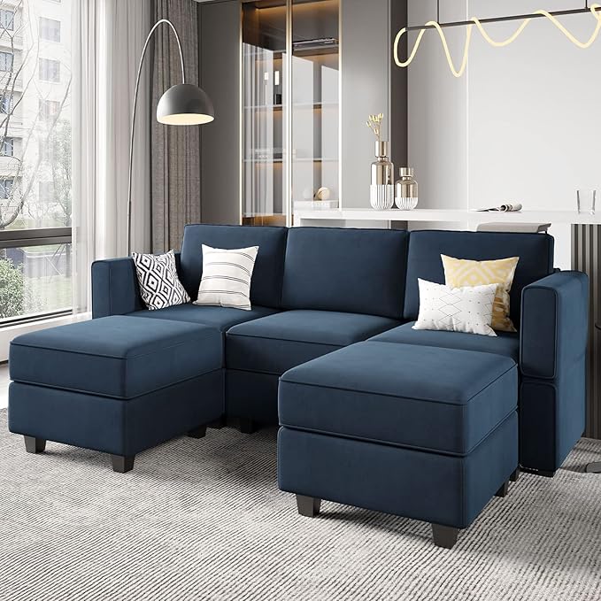 Belffin Modular Sectional Sofa with Double Chaise Velvet U Shaped Sofa Reversible Sectional Couch with Storage Blue