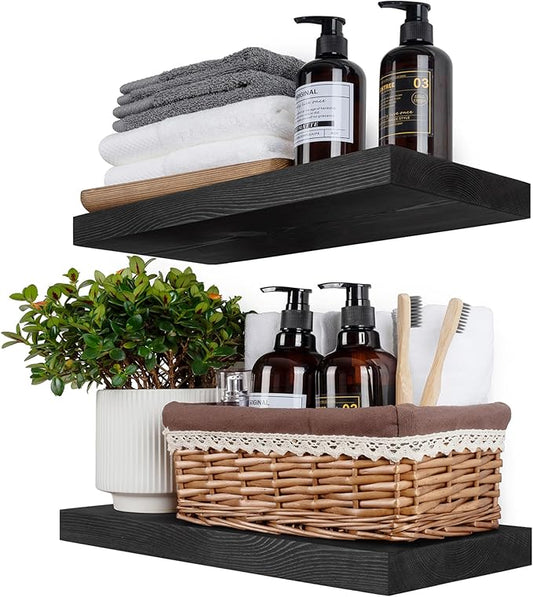 BGMG Wood Floating Shelves 16 inch, Wide Rustic Wooden Wall Shelves for Bathroom Living Room Bedroom Kitchen Farmhouse Set of 2-16x 6.7 x1.25 inch- Black