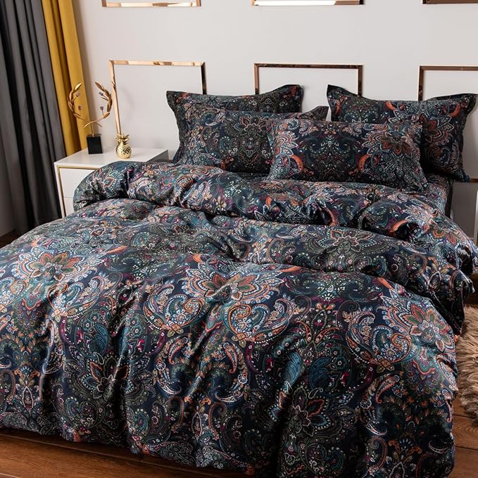 ABREEZE Luxury Vintage Black Duvet Cover Sets Damask Paisley Bedding Set Retro 100% Brushed Cotton Zipper Closure Bedding Collection Twin Size