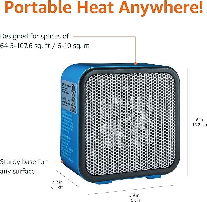 Amazon Basics Ceramic Space Heater, Mini Heater for Office Desk, Portable Tent Heater for Camping (Indoor Use), 500 W, With Tip-Over Protection, Lightweight (1.4 LBS), Blue, 5.9 x 3.2 x 6 inches