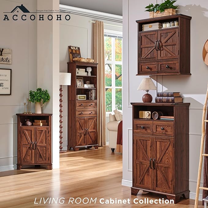 72" Tall Bathroom Storage Cabinet, Farmhouse Storage Cabinet with Adjustable Shelves, Barn Door & 2 Drawers, Cabinet for Bathroom, Living Room & Kitchen, Brown