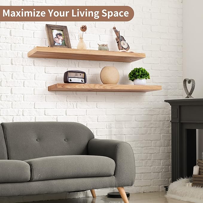 Axeman Floating Shelves for Wall, 8 Inch Deep Rustic Solid Elm Wood Wall Shelves for Storage, Wall Mounted Display Shelving with Invisible Heavy-Duty Metal Bracket, 36'' Width Set of 2, Natural