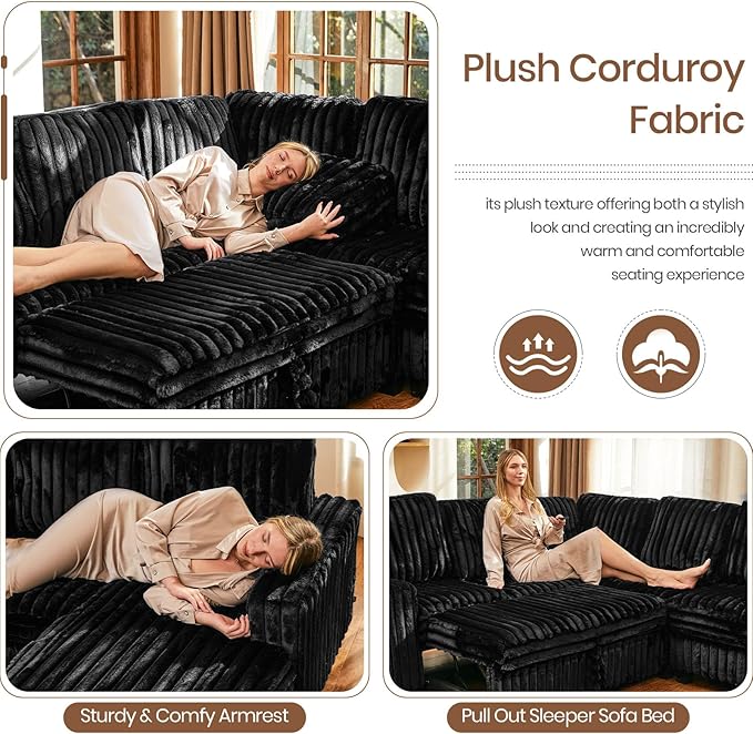 Belffin Corduroy Sleeper Sofa Bed with Storage Chaise Modular Sectional Sofa Couch with Pull Out Bed L Shaped Sectional Couches for Living Room Black Couch