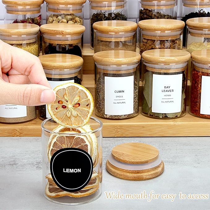 4OZ Glass Spice Jars with Bamboo Lids and 315 Labels, 32 Pcs Clear Food Storage Containers for Kitchen Sugar Salt Coffee Tea Beans