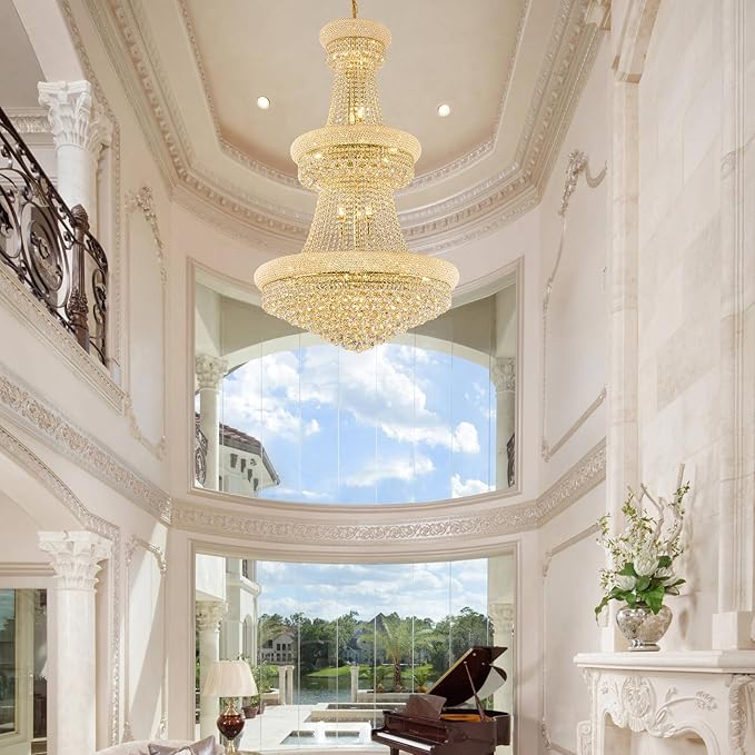 31 - Light Large Empire Crystal Chandelier for High Ceiling Foyer Entryway Staircase Living Room Dining Room Gold Finish