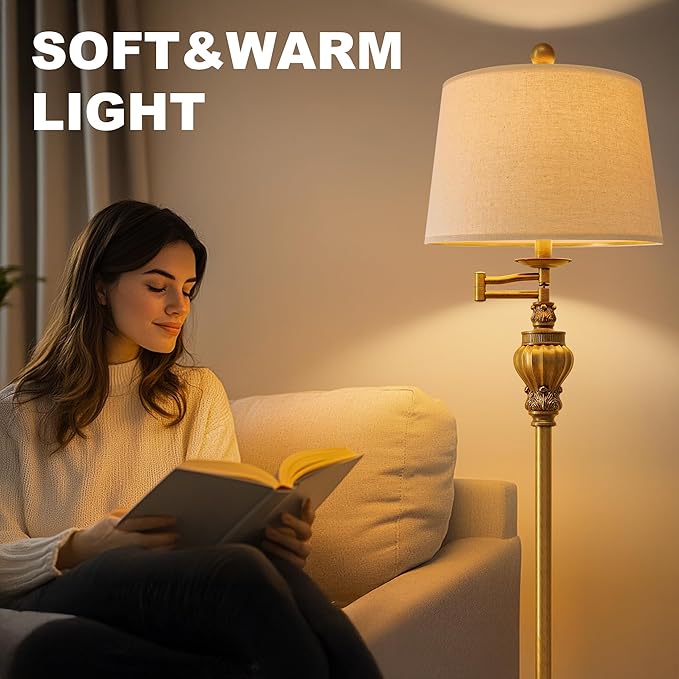 61" Vintage Floor Lamp with 350° Adjustable Swing Arm, Gold Standing Lamp for Bedroom Living Room Nightstand Bedside Retro Farmhouse Mid Century Lamp Light Home Décor Office Gifts