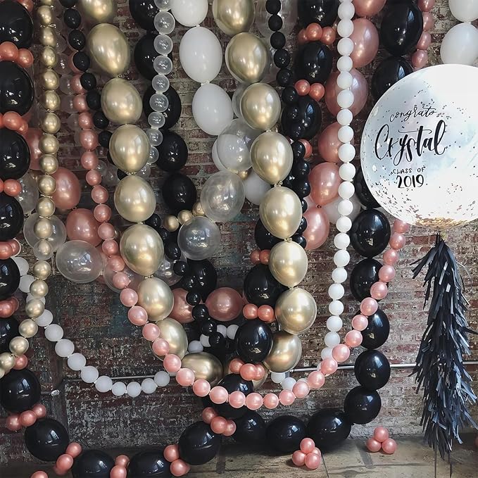 Black Linking Balloons, 120PCS Linked Balloon with Tail for Balloon Wall Arch and Chains, Quick Linkable Balloons for Wedding Birthday Baby Shower Engagement Graduation Party Decorations (6+10inch)