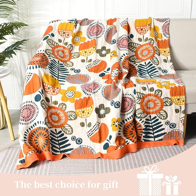 Boho Throw Blanket for Bed - 100% Pure Cotton Ultra Soft Rustic Quilt - Farmhouse Decor Bed Blankets, All Season Rustic Throw for Sofa Couch Chair(60"×80", Floral Print 2)