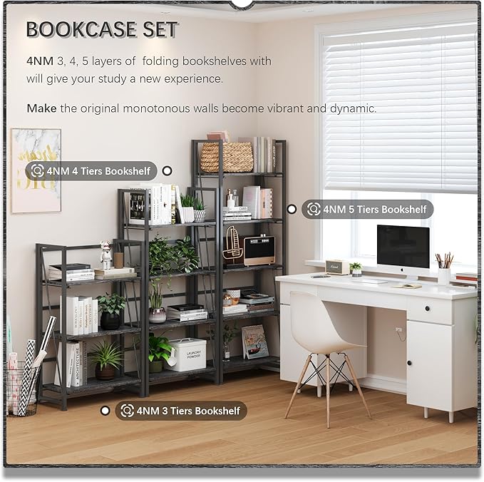 4NM No Assembly Foldable Bookshelf, 5-Shelf Collapsible Bookcase Storage for Small Spaces, 62.2" H, Gray and Black