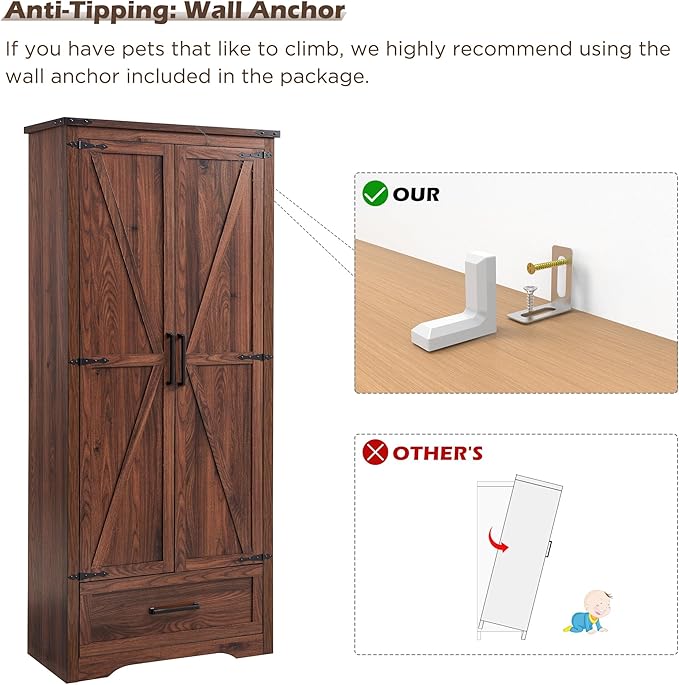 72" Tall Wood Storage Cabinet, Farmhouse Kitchen Pantry Cabinet with Adjustable Shelves & Drawer & Barn Doors, Versatile Storage for Kitchen, Dining Room, Bathroom, Brown