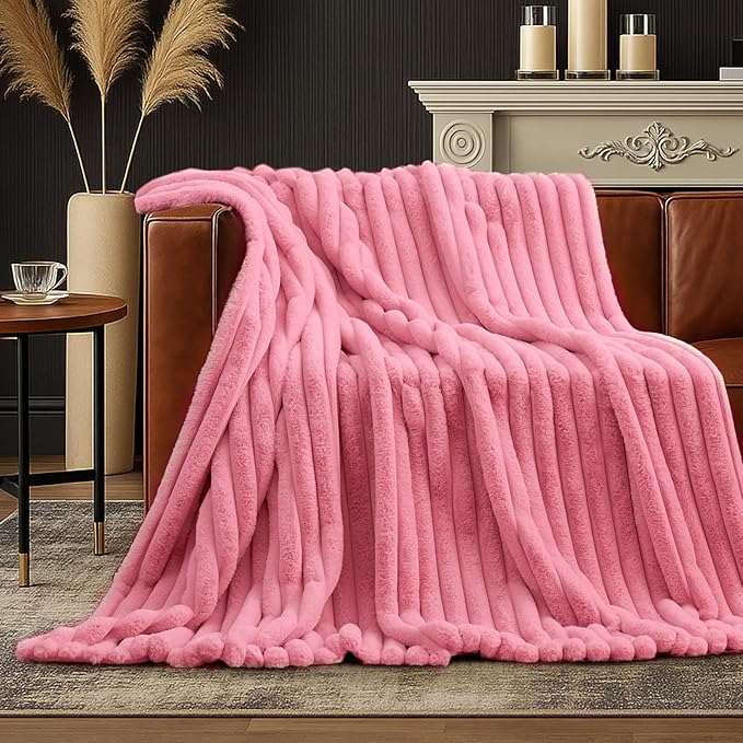 Amélie Home Faux Fur Throw Blanket for Couch, Cozy Fuzzy Fluffy Fur Luxurious Soft Striped Plush Gift Blankets for Family Sofa Chair Bed Living Room Bedroom, 55"x70", Pink