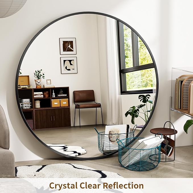 BEAUTYPEAK 48 Inch Round Mirror, Metal Frame Circle Mirror, Wall Mounted for Entryway, Bathroom, Vanity, Living Room, Black