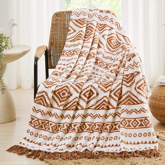 CASAAGUSTO Boho Throw Blanket - Terrcotta Decorative Blankets with Tassel, Printed Flannel Bohemian Blanket for Chair, Bed, Sofa, Couch(60 * 80, Terrcotta)