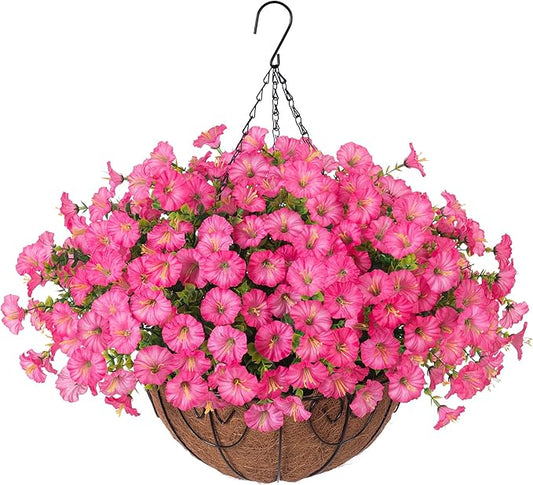 Artificial Faux Hanging Plants Flowers Basket for Outdoors Outside Spring Summer Decoration, Silk Pink Morning Glory in Planter UV Resistant Look Real Fake Flowers for Porch Patio Balcony Home Yard