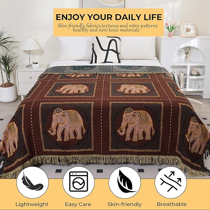Boho Throw Blanket for Bed with Tassels,100% Cotton Ultra Soft and Cozy Large Blanket Elephant Printed Farmhouse Decor Bed Blankets,60"×80" All Season Rustic Throw for Sofa Couch Chair-Brown