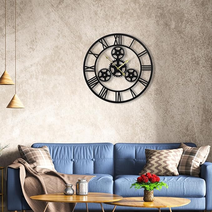 24inches/60cm Wall Clocks for Living Room Deco Non Ticking Silent Battery Operated Metal Modern Vintage Roman Numeral Oversized Gear Wall Clocks for Bedroom Kitchen Fireplace Office Farmhouse