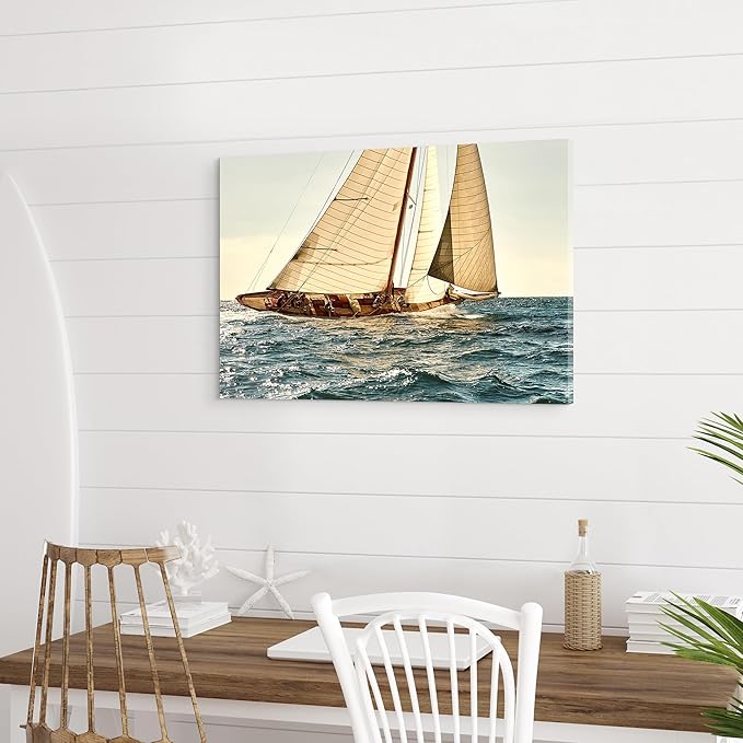 ARTISTIC PATH Nautical Sailboat Canvas Wall Art - Coastal Ocean Artwork Seascape Sailing Prints Wave Boat Picture Sunset Marine Ship Painting for Bedroom